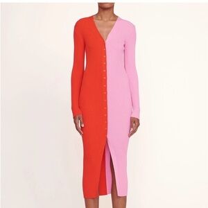 STAUD Two-Tone Ribbed Button-Front Midi Dress — Red & Pink